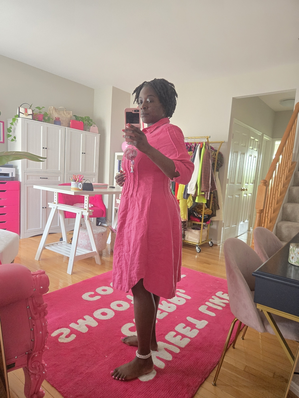 Pink Linen Button-Front Midi Dress - Picture 6 of 6